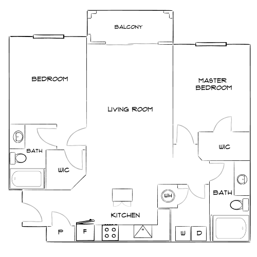 Charming floor plan featuring a spacious living room, two bedrooms, including a master suite, two baths, a modern kitchen, and a balcony.