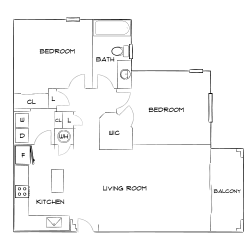 Modern floor plan showcasing 2 bedrooms, open kitchen with adjacent living room, luxurious walk-in closet, and a private balcony.