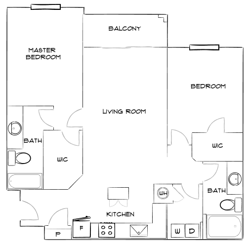 Elegant floor plan showcasing 2 bedrooms, 2 baths, and an open living room with direct balcony access. Includes modern kitchen and walk-in closets.