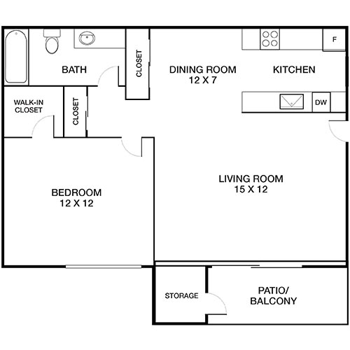 Inviting floor plan featuring a spacious 12x12 bedroom, modern bath, cozy dining area, practical kitchen, large 15x12 living room, and a relaxing patio/balcony with additional storage.