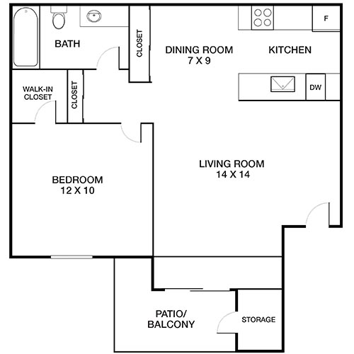 Inviting floor plan showcasing 1 bedroom with walk-in closet, airy living room, functional kitchen, dining area, and patio for relaxation.
