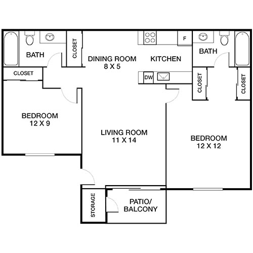 Inviting floor plan with 2 bedrooms, 2 bathrooms, a cozy living room, functional kitchen, dining area, and a charming patio/balcony.