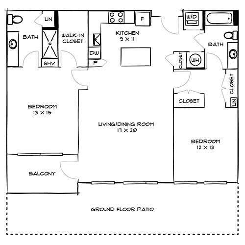 Charming floor plan showcasing 2 bedrooms, an inviting living/dining area, modern kitchen, and spacious ground floor patio with balcony access.