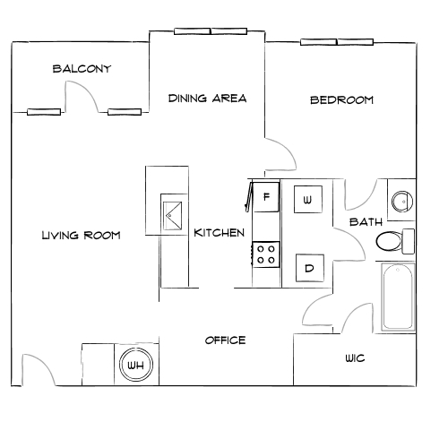 Modern floor plan highlighting a bedroom, open kitchen, living room, dining area, office space, and balcony for a versatile lifestyle.