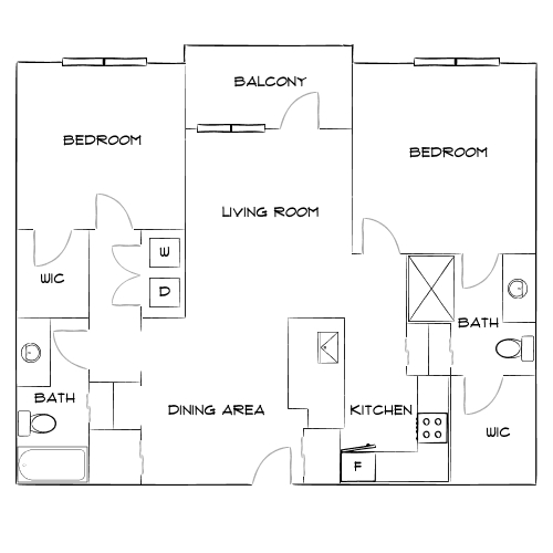 Modern apartment floor plan showcasing 2 bedrooms, a spacious balcony, open-concept living and dining area, and equipped kitchen.
