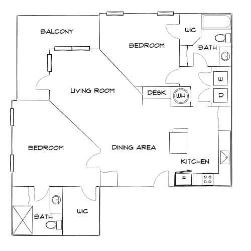 Modern apartment floor plan featuring 2 bedrooms, 2 bathrooms, open-concept living and dining area, and a private balcony.