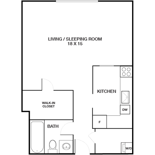 Efficient studio floor plan with spacious living room, modern kitchen, walk-in closet, and convenient bath.