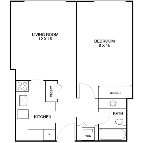Inviting floor plan showcasing a spacious 1-bedroom apartment with a large living room, modern kitchen, and convenient bath area.