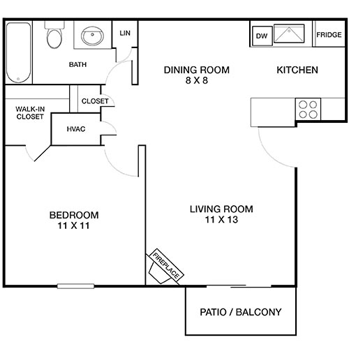 Elegant floor plan featuring a spacious bedroom, open-concept living and dining area, modern kitchen, and a patio for outdoor leisure.