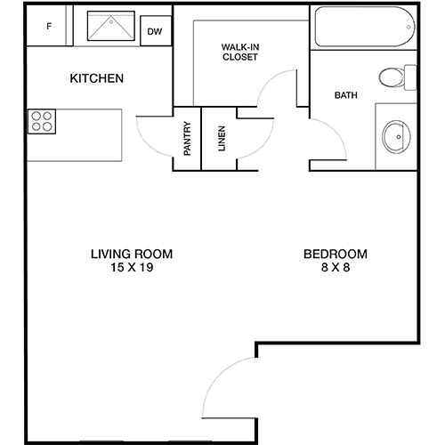 Modern floor plan featuring a cozy 1-bedroom with a walk-in closet, spacious living room, efficient kitchen, and convenient bath layout.