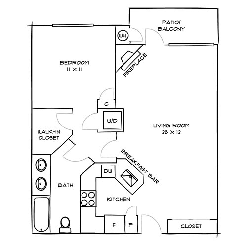 Charming floor plan featuring a cozy 1-bedroom, an expansive living room with fireplace, modern kitchen with a breakfast bar, and a private patio balcony.