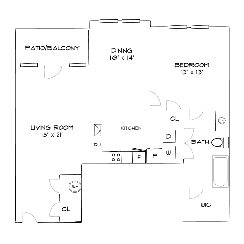 Inviting floor plan showcasing a spacious 1-bedroom, including a cozy living room, modern kitchen, and elegant dining area, with patio access and ample storage space.