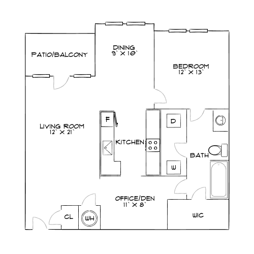 Contemporary floor plan showcasing a spacious 1 bedroom with walk-in closet, office/den, and open living space with patio access.