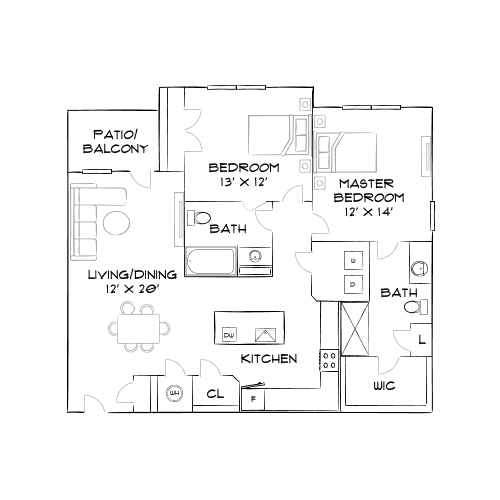 Modern floor plan showcasing 2 bedrooms, including a master suite, 2 bathrooms, open-concept living and dining area, and a stylish kitchen connected to a patio/balcony.