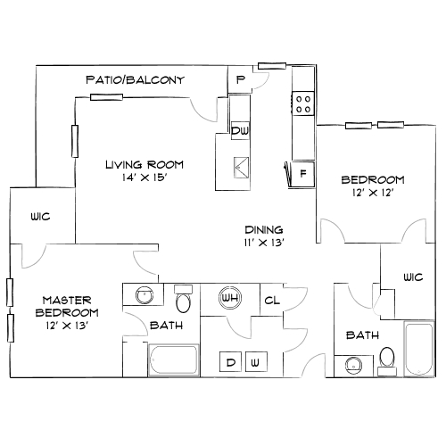 Charming floor plan with two bedrooms, two baths, a spacious living room with adjoining patio, and a modern kitchen.