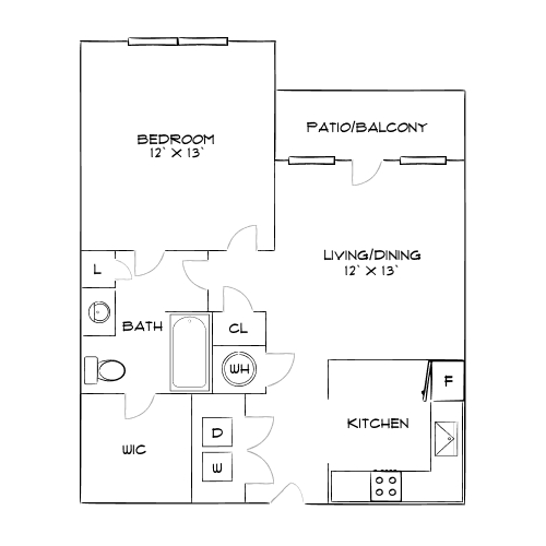 Charming floor plan featuring a spacious bedroom, open living/dining area, modern kitchen, and a private patio/balcony perfect for relaxation.