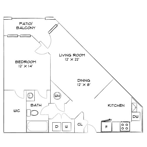 Modern floor plan featuring a spacious bedroom with walk-in closet, open living and dining area, and a convenient kitchen layout. Includes a patio for outdoor relaxation.