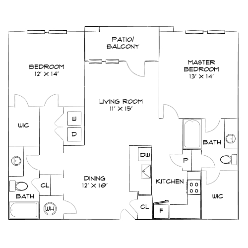 Spacious floor plan featuring 2 bedrooms, dual bathrooms, and a central living area with patio access.