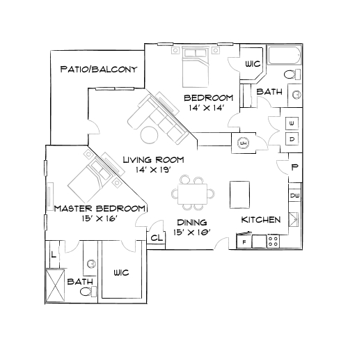Elegant floor plan layout featuring a master bedroom with ensuite, additional bedroom, open living and dining area, and a stylish kitchen. Includes a spacious patio/balcony for outdoor relaxation.