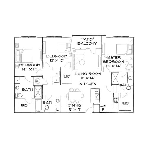 Modern floor plan showcasing 3 bedrooms, 2 bathrooms, open living room with kitchen, and a spacious patio balcony.