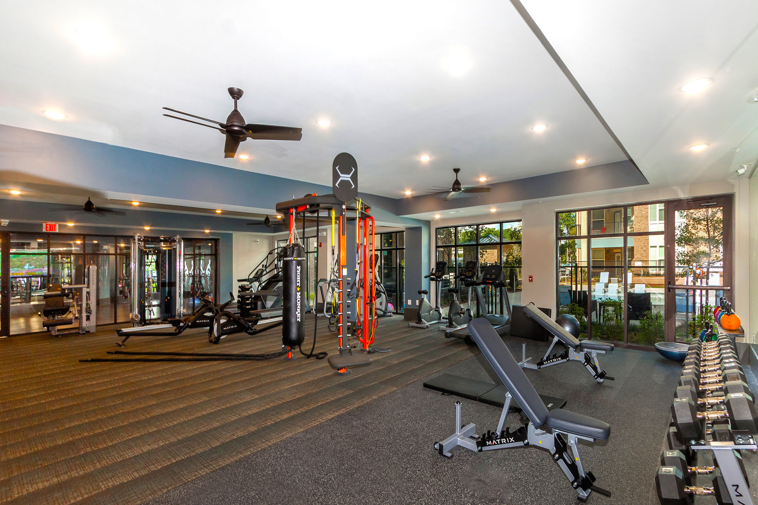 Modern gym equipped with state-of-the-art fitness machines, free weights, and floor-to-ceiling windows offering natural light.