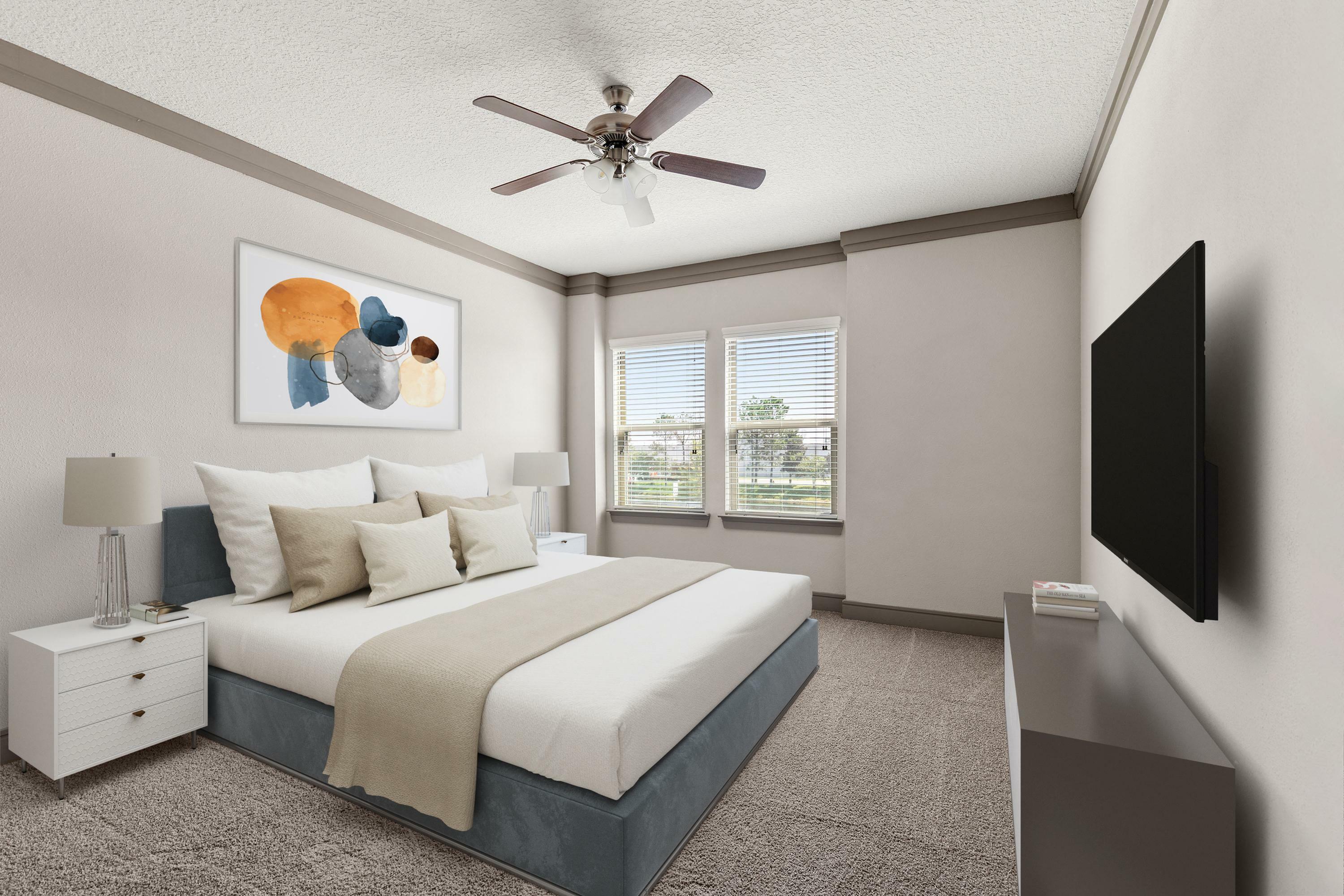 Elegant and serene bedroom with modern artwork, plush carpeting, and ample natural light streaming through large windows.