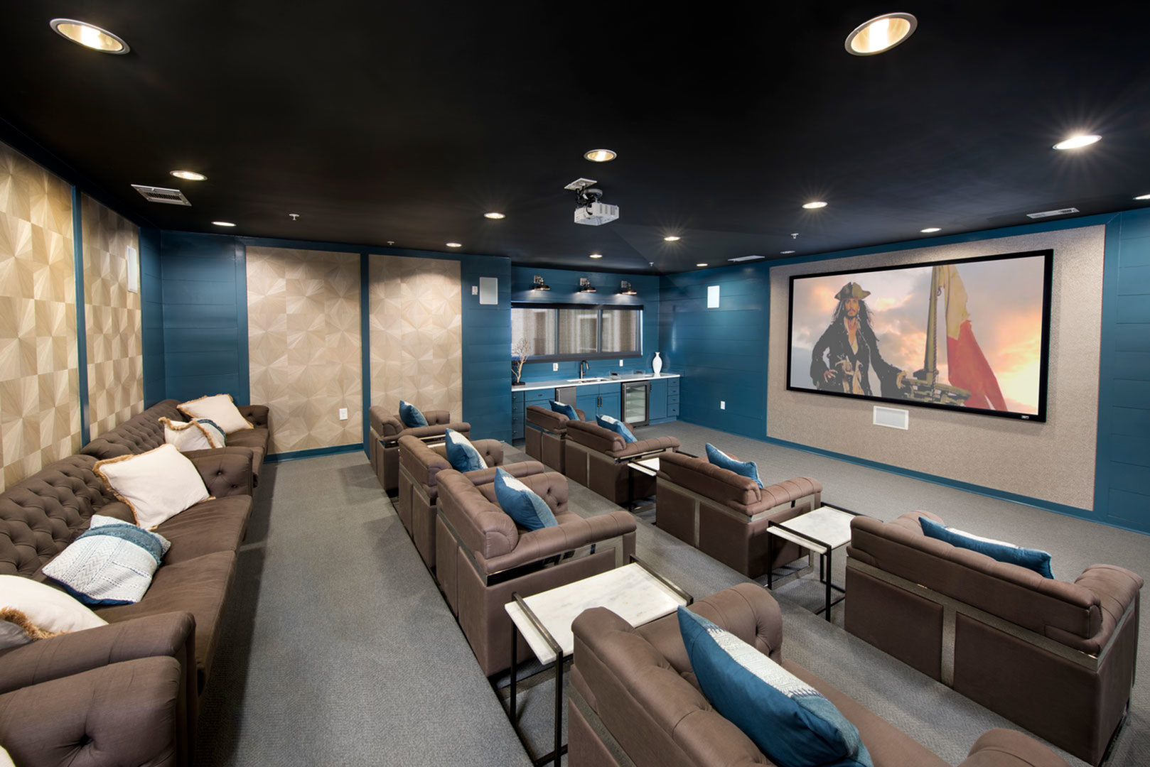 Luxurious home theater with plush seating, ambient lighting, and a large projection screen, perfect for movie nights.