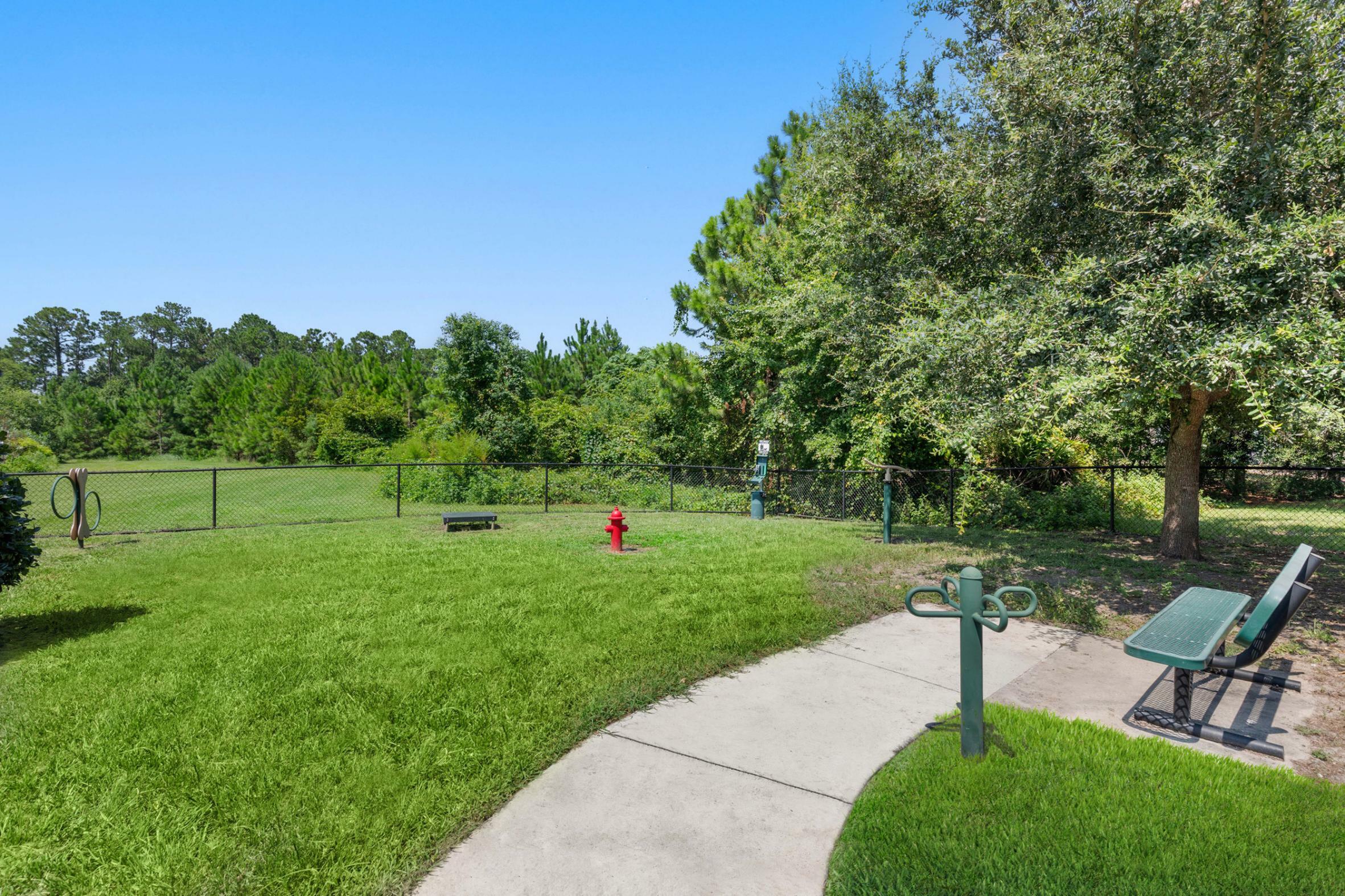 Vibrant park setting with lush green lawn, a walking path, and serene wooded backdrop, perfect for relaxation and outdoor activities.