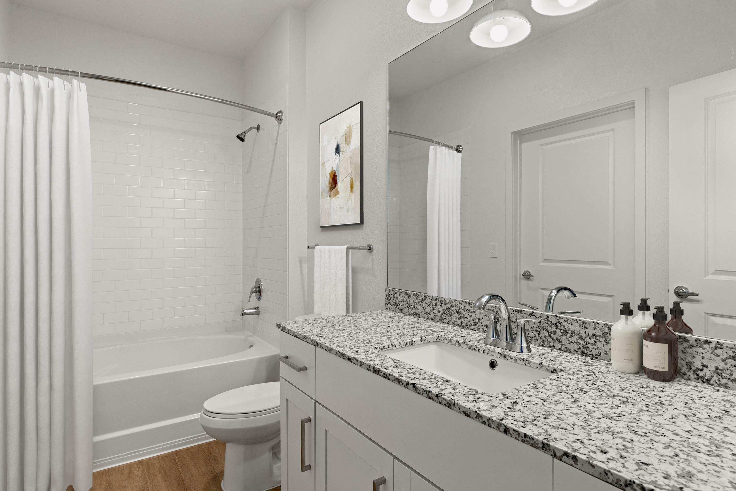 Elegant bathroom with modern granite countertop, bright lighting, and a pristine white bathtub, offering a refreshing and sophisticated space.