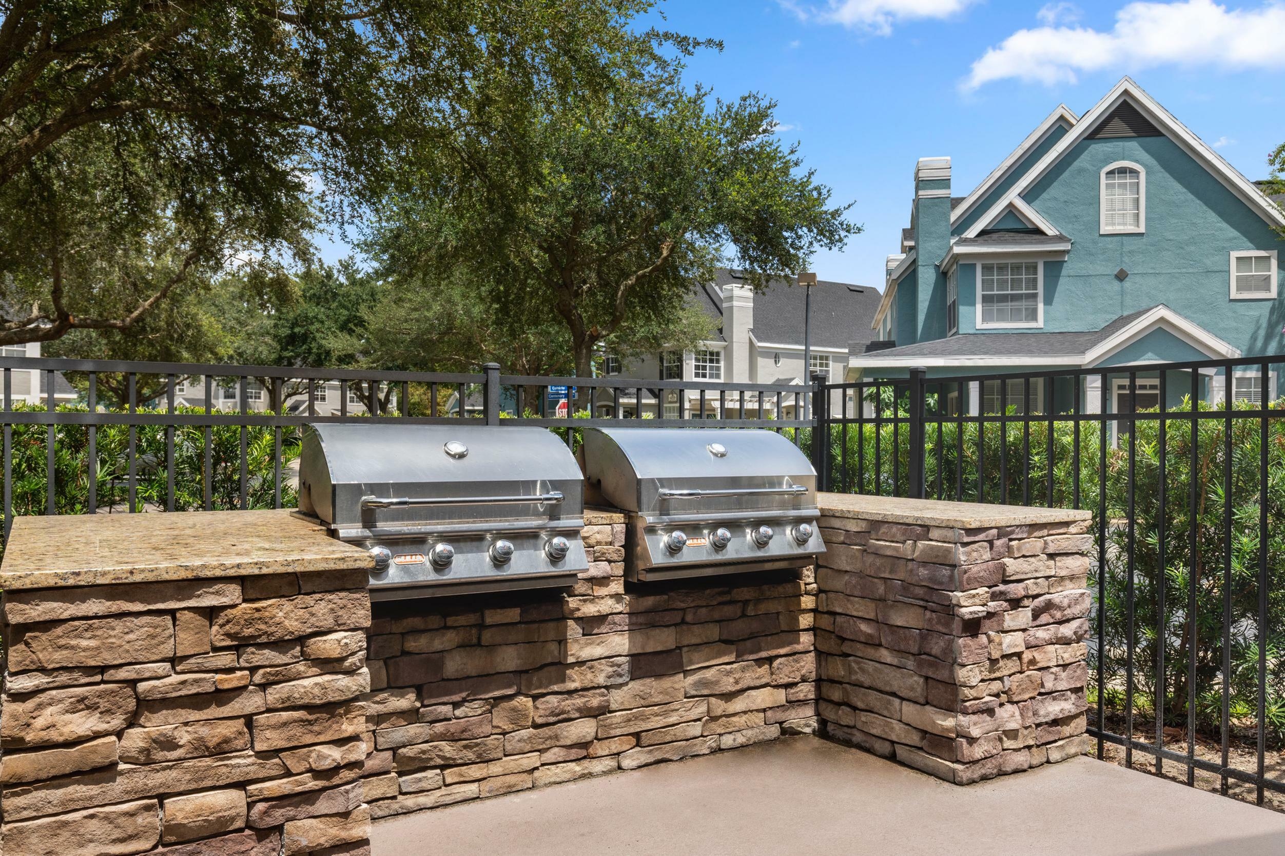 Inviting outdoor grilling station with dual stainless steel barbecues, surrounded by a picturesque neighborhood backdrop.