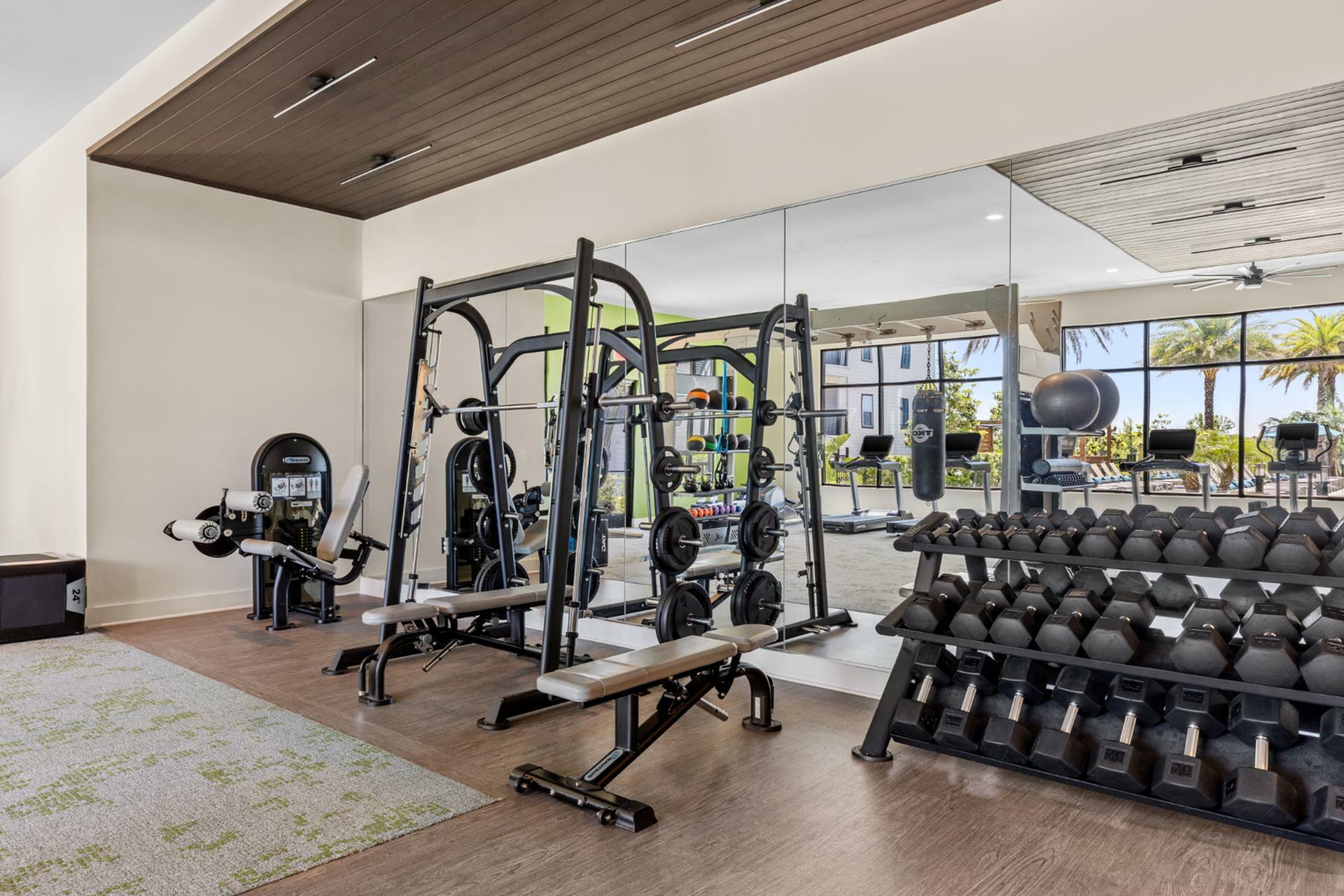 Modern fitness center with state-of-the-art gym equipment, mirrored wall, and scenic views for an invigorating workout experience.