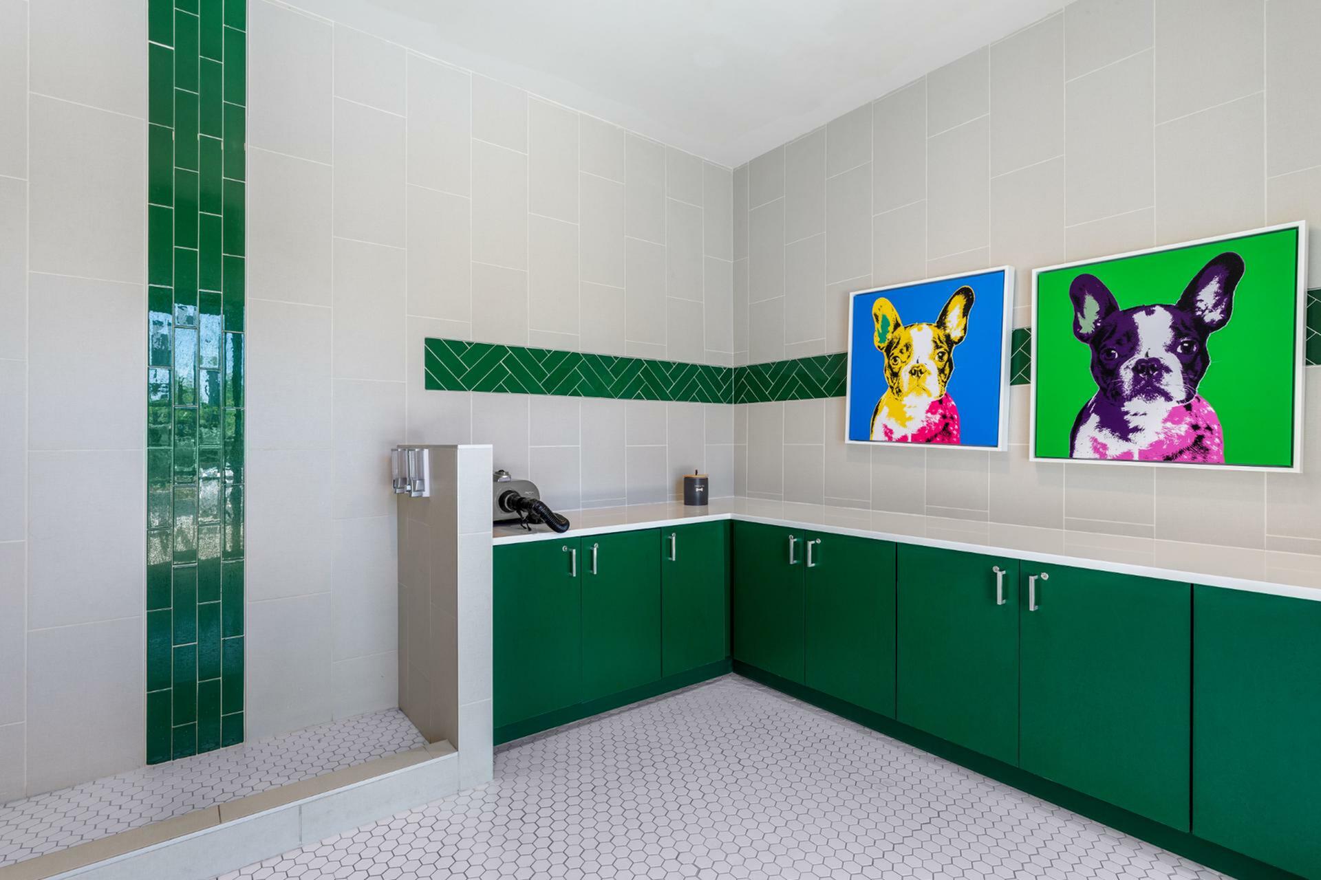 Vibrant pet washing station with elegant green tile accents, modern cabinetry, and colorful pop art dog portraits enhancing the space.