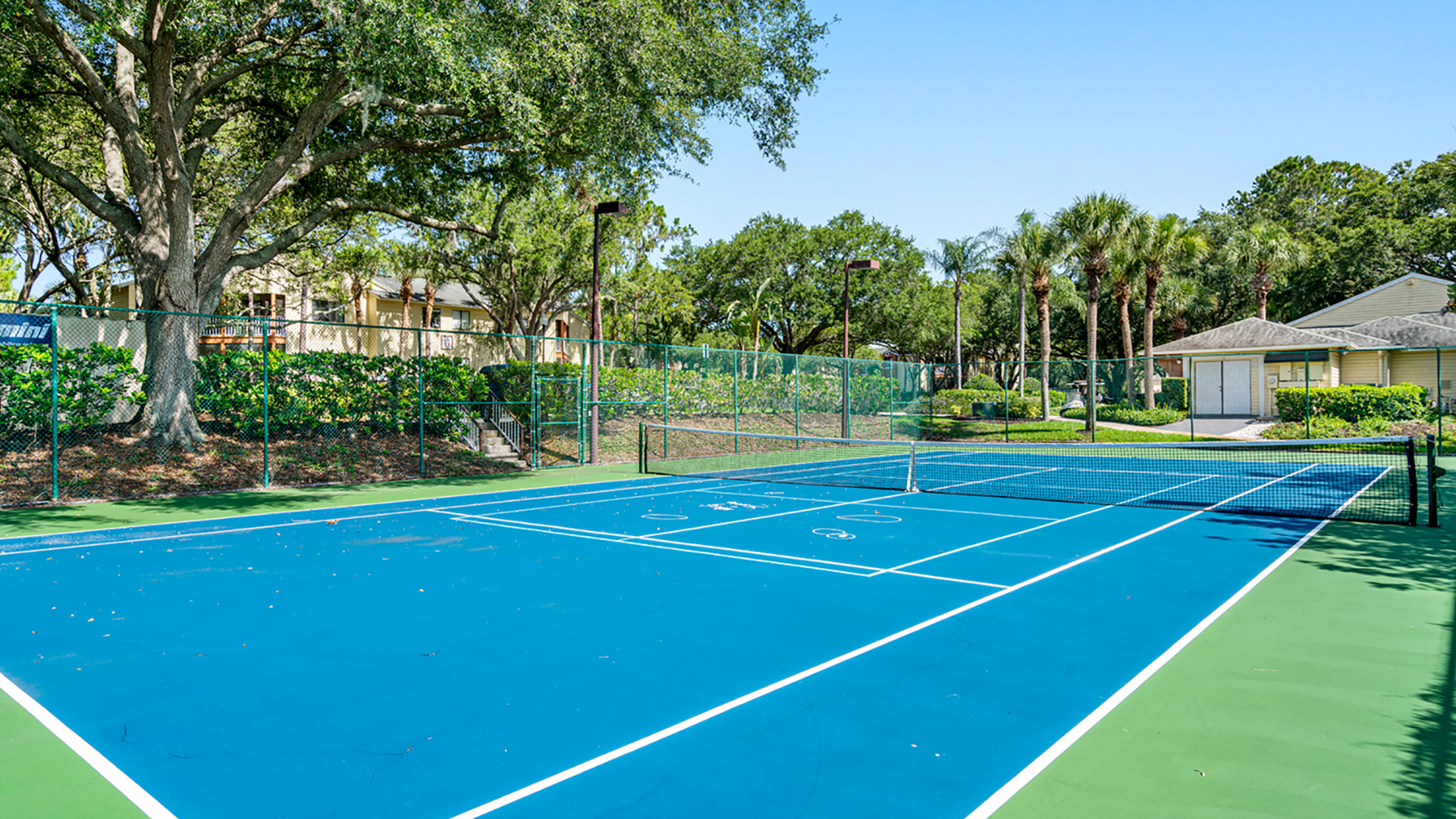 Inviting tennis court surrounded by lush greenery and tall trees, perfect for an active lifestyle in a serene setting.