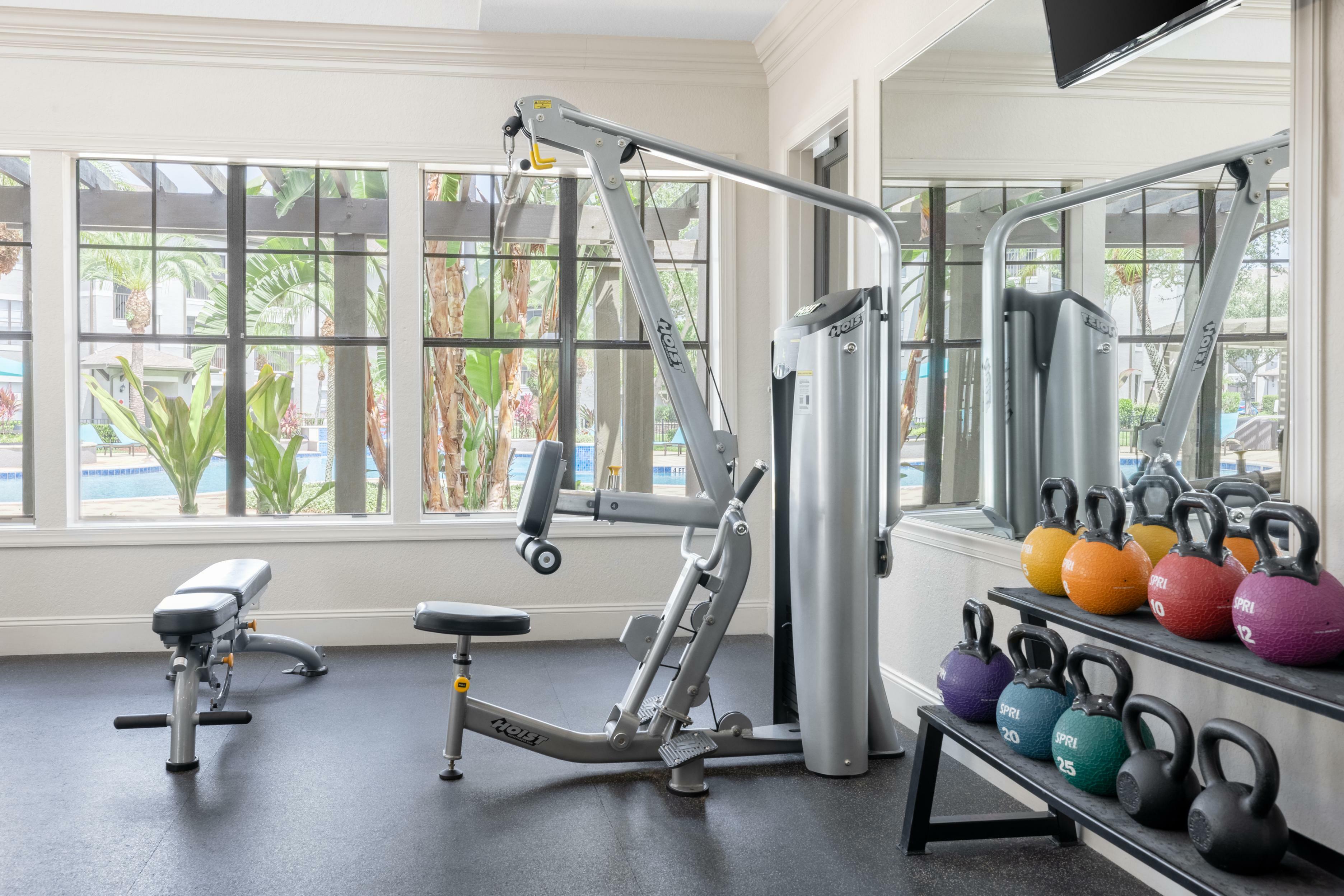 Inviting gym space with modern exercise equipment and vibrant kettlebells, overlooking lush outdoor views.