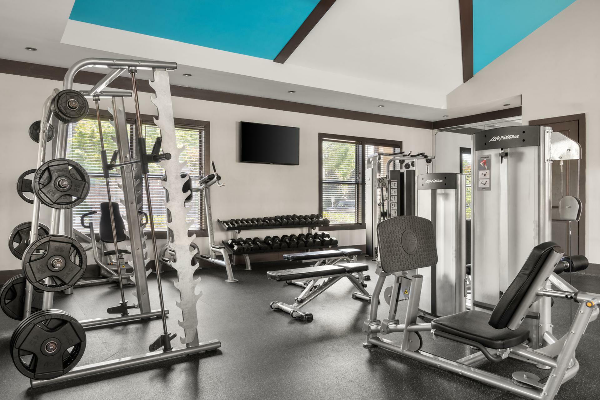 Modern fitness center featuring state-of-the-art exercise equipment in a well-lit room with large windows and vibrant ceiling accents.