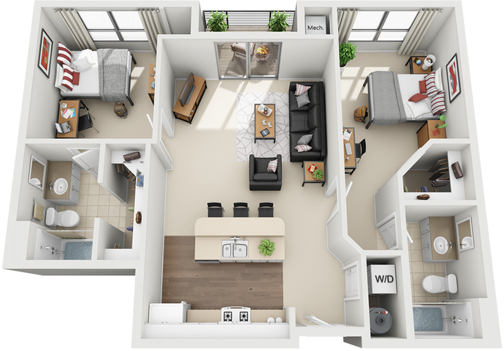 Modern 3D floor plan showcasing a bright, open-layout apartment with 2 bedrooms, a stylish living area, and a sleek kitchen. Includes 2 bathrooms and a convenient washer/dryer space, perfect for comfortable living.