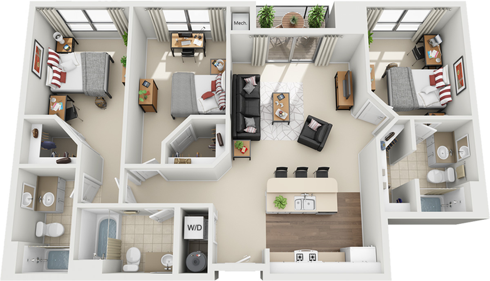 Modern 3D floor plan featuring three spacious bedrooms, an elegant living area, and a contemporary kitchen with an island. Includes two bathrooms and a stylish balcony for outdoor relaxation.