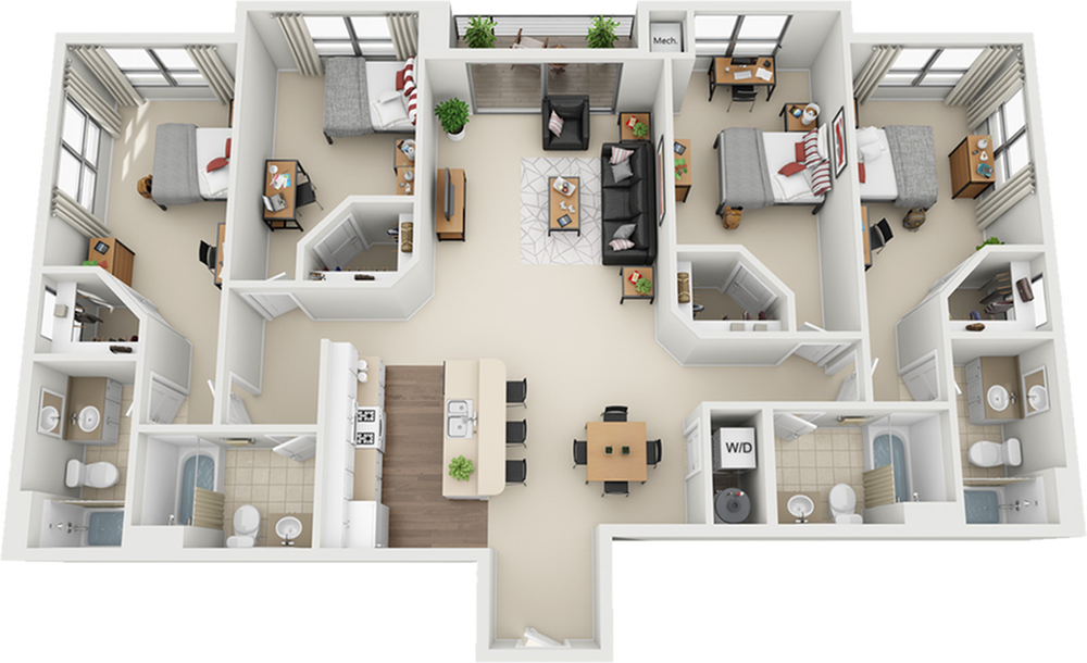 Elegant 3D floor plan showcasing three spacious bedrooms, inviting open-concept living area, modern kitchen with island, and two stylish bathrooms.