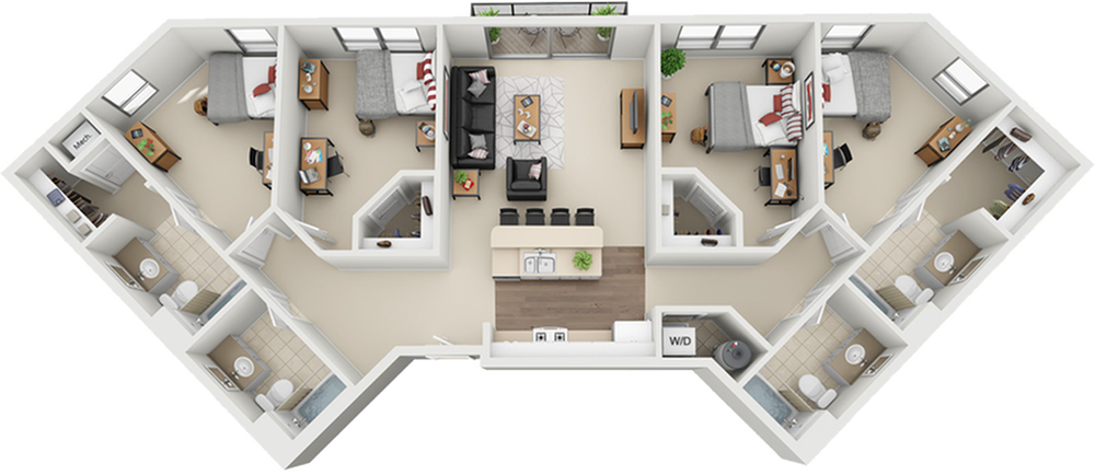 Elegant 3-bedroom floor plan with a contemporary open-concept living space, modern kitchen with island, and multiple bathrooms for convenience.