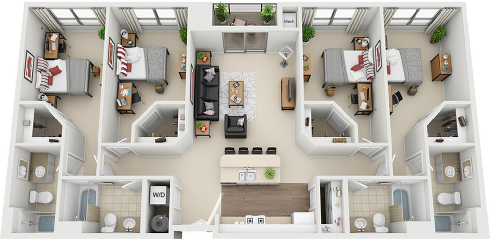 Modern 3D floor plan featuring 3 bedrooms, a stylish open-concept living area, and a state-of-the-art kitchen with bar seating.