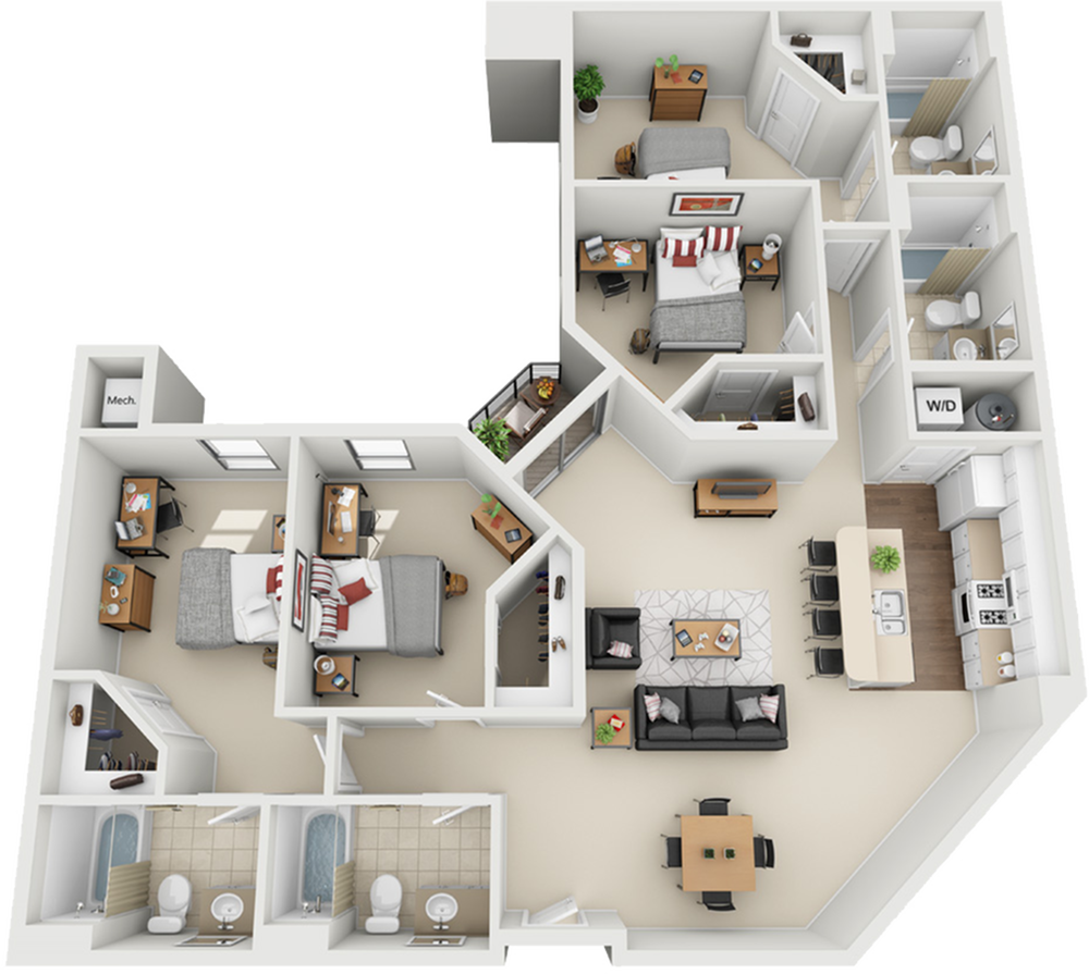 Modern apartment floor plan featuring three bedrooms, two bathrooms, a chic open-concept living area, and a fully equipped kitchen with an island.