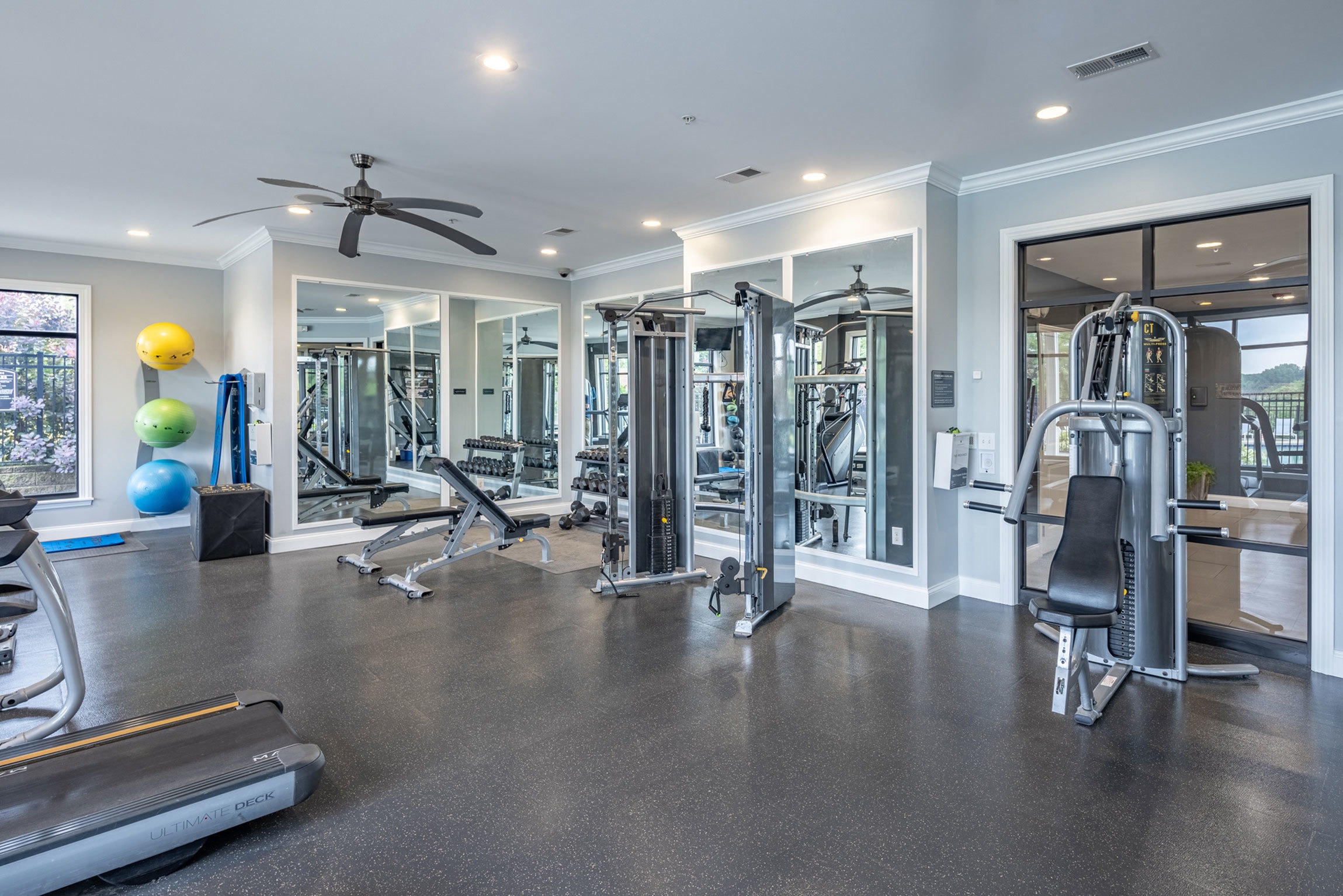 Fitness center with various workout machines