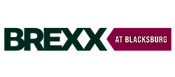 Bold and modern logo for BREXX at Blacksburg, featuring contemporary typography in dark green and maroon colors.