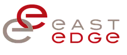 Modern logo design featuring interlinked letters 'e' for East Edge, in a sleek red and gray color scheme.