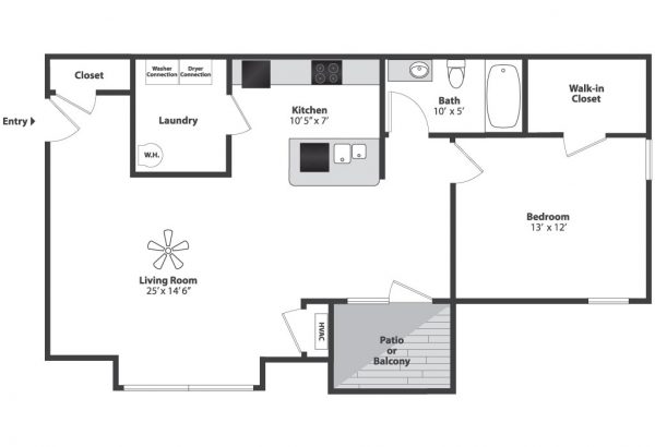 Modern floor plan showcasing a spacious one-bedroom apartment with a walk-in closet, open-concept living room, stylish kitchen, convenient laundry area, and a private patio or balcony.