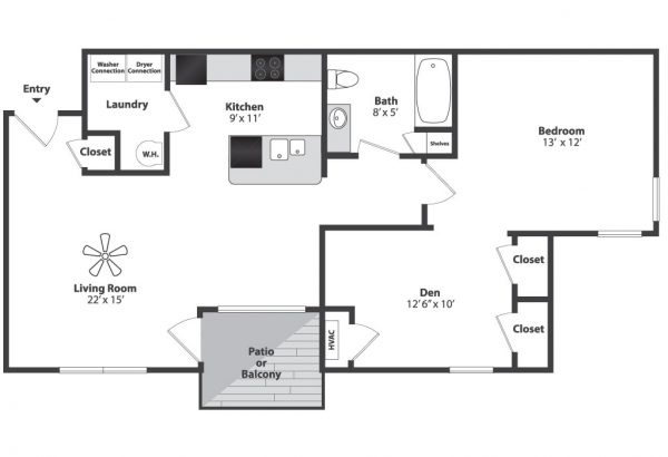 Modern floor plan highlighting 1 bedroom apartment with versatile den, expansive living room, and cozy kitchen opening to a private patio or balcony.