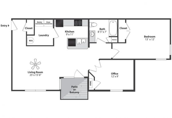 Modern floor plan featuring a spacious living room, fully-equipped kitchen, cozy bedroom, home office, and inviting patio. Includes a convenient laundry area and well-appointed bath.