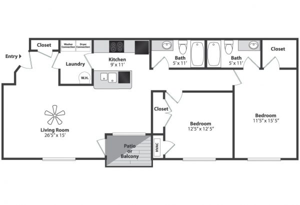 Contemporary floor plan with 2 bedrooms, 2 bathrooms, spacious living room, and kitchen, featuring a cozy patio or balcony.