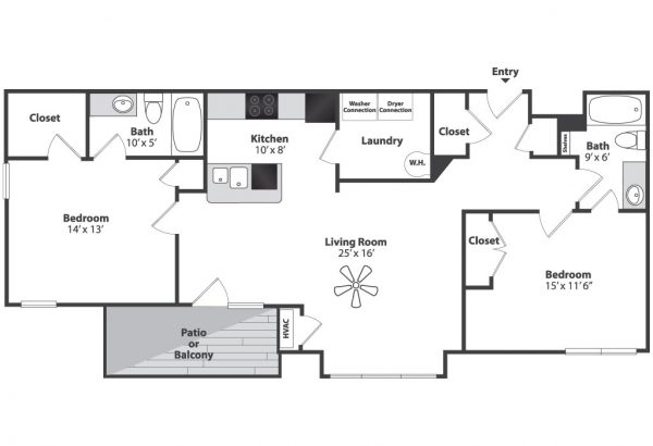 Spacious floor plan featuring 2 bedrooms, large living room, modern kitchen, 2 baths, and patio or balcony.