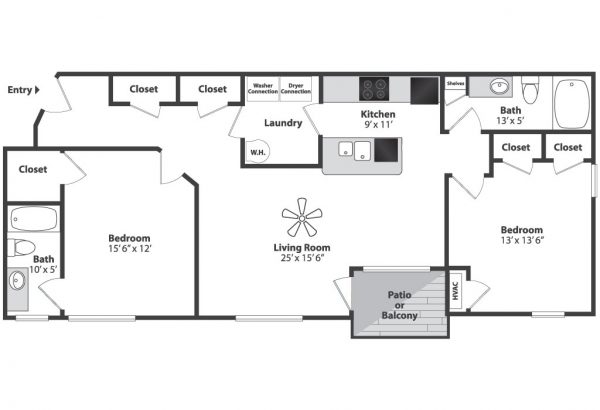Modern floor plan showcasing 2 spacious bedrooms, a welcoming living room, gourmet kitchen, and a patio or balcony.